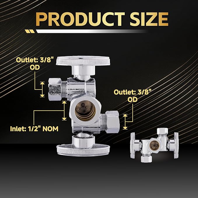 5-Pack Foskan Dual Compression 1/4 Turn Angle Stop Valve with 2 Shut Off Valve/Handles,1/2" NOM (5/8" OD) x 3/8" OD x 3/8" OD,Chrome Plated Brass