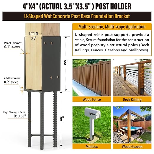 4"x4"(Actual 3.5"x3.5") Stainless Steels U-Shape Post Holder, Wet Concrete Post Anchor, Heavy-Duty Post Base Bracket for Fence, Deck Railing, Wood Gazebo, Pergola (1pack-Dark Gray)