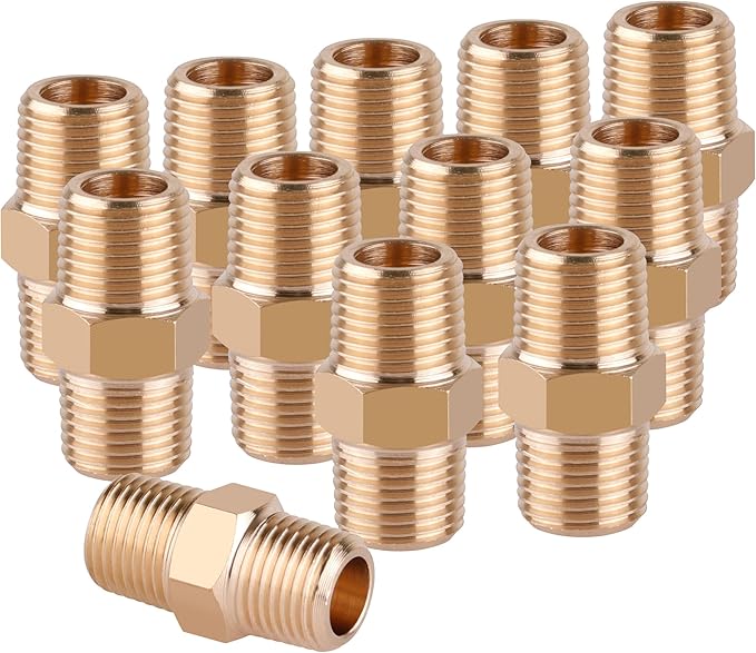 KOOTANS 12pcs Brass Pipe Fittings 1/8 NPT x 1/8 NPT Male to Male Solid Brass Hex Nipple NPT Adapter Pipe Fitting Equal Nipple Connector