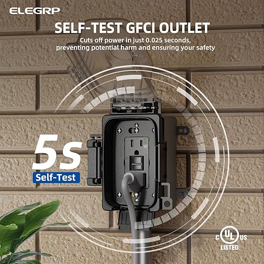 ELEGRP Outdoor GFCI Outlet with in Use Cover and Box Kit, 1 Gang, 15 Amp TRWR Self-Test GFI Receptacle, Extra Duty Metallic Electrical Outlet Box, Lockable in Use Cover, UL Listed, Black, 2 Pack