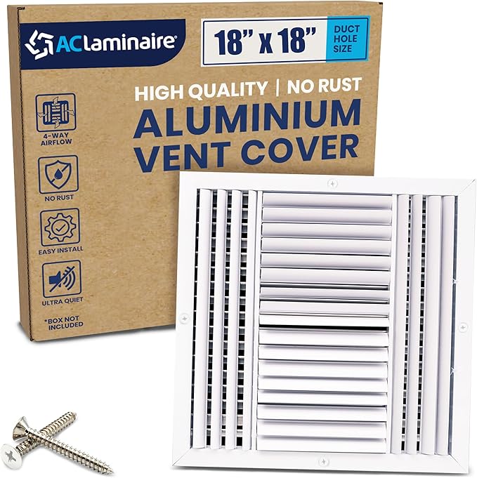 18x18 Inch (Duct Opening) Aluminum 4-Way Air Flow Vent – HVAC Vent Cover for Wall or Ceiling – Quiet HVAC Wall Register with Multi-Shutter Damper – Adjustable Curved Blade - Plastic Seal for Tight Fit