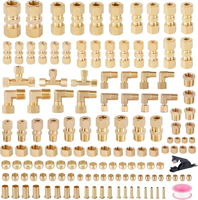 135PCS Brass Compression Tube Pipe Fittings Kits, 1/8" 3/16" 1/4" 3/8" 1/2" Union/Tee/Elbow/Straight Connector for Industrial Use and Trucks Trailers