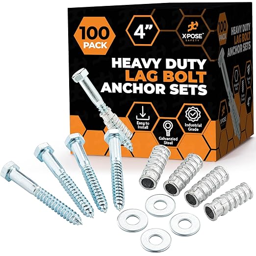 xpose safety Concrete Anchors Set with 4"" Lag Bolt, Lag Shield and Washer - 100 Sets per Pack - 1/2"" Bolt Lag Screws 4-Inch for Speed Bumps for Asphalt - Galvanized Steel Lag Bolts
