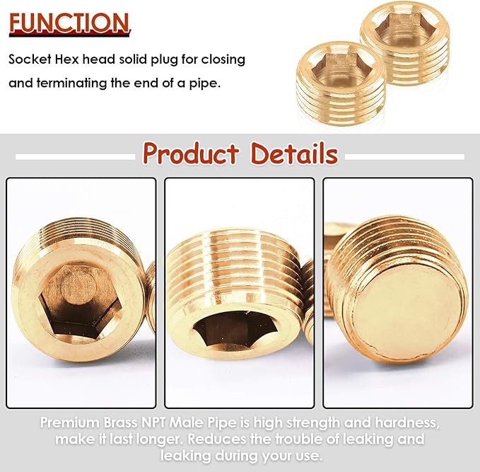 Hilitchi Brass Pipe Fitting Pipe Plug Fitting NPT Male Plug Internal Hex Head Style (1/2-6Pcs)