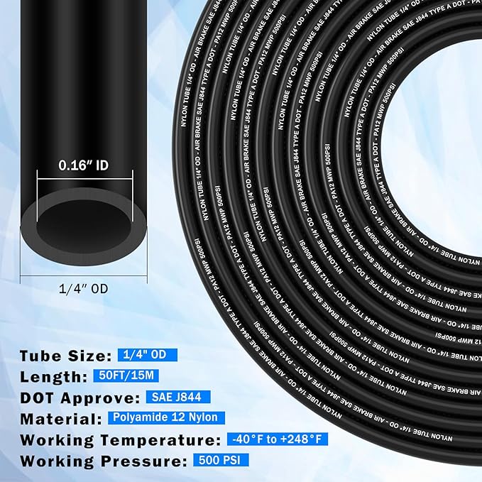 1/4" DOT Air Line with 24 Pcs Quick Connect Air Fittings Kit 50FT 1/4 DOT Air Lines with Push Lock Air Line Fittings Pneumatic Push to Connect Air Hose Fittings