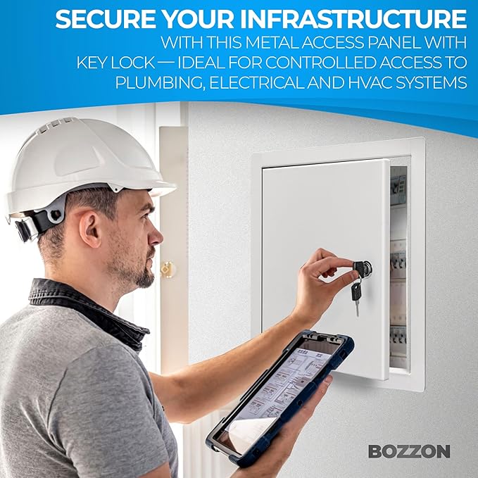 BOZZON Access Panel for Drywall 12 x 12 inch – Metal Door with Key Lock, 18 GA Steel Frame, Wall Hole Cover, Plumbing Access Door, White