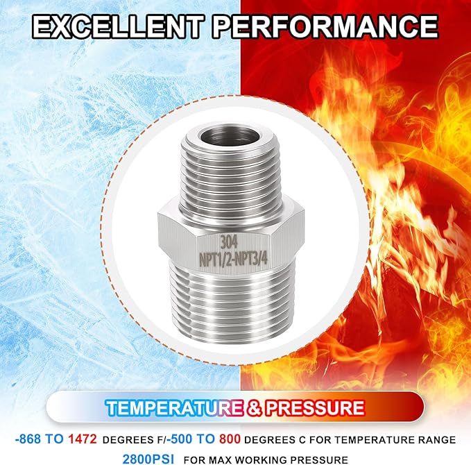 6 Pack 304 Stainless Steel Male to Male Adapter, 3/4" Male NPT x 1/2" Male NPT Hex Nipple Pipe Extension Fitting for Industrial, Automotive, Fluid Transfer, Home Gardening, Water