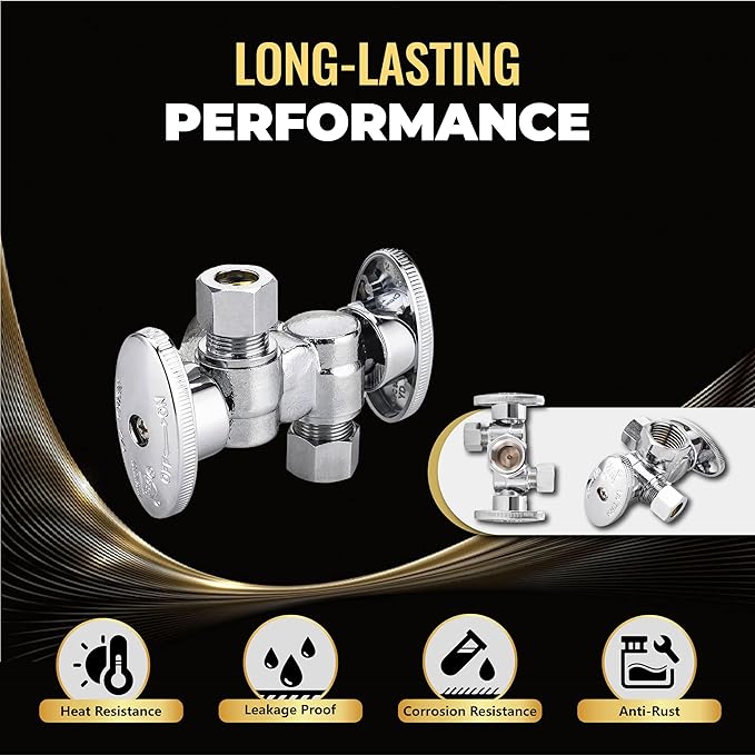 5-Pack Foskan Dual 1/4 Turn Angle Stop Valve with 2 Shut Off Valve/Handles, 1/2" FIP x 3/8" OD x 3/8" OD,Chrome Plated Brass