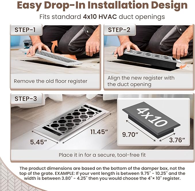 Floor Register 4x10 Vent Cover – Heavy-Duty Steel, Rustproof & Walkable Grates, Easy Drop-in Install, Adjustable Air Supply Switch - Decorative Honeycomb Design, Brushed Nickel