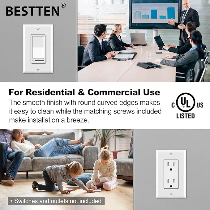 BESTTEN 10 Pack 1-Gang Decorator Wall Plate, Standard Size, H4.53” x W2.76”, Unbreakable Polycarbonate Outlet and Switch Cover, White, UL Listed