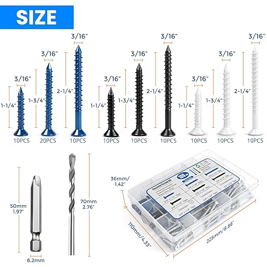 100PCS Concrete Screws Assortment Kit, 3/16" Flat Head Masonry Screws with Drill Bit and Driver Bit, Cement Screws for Concrete Brick, Diamond Point
