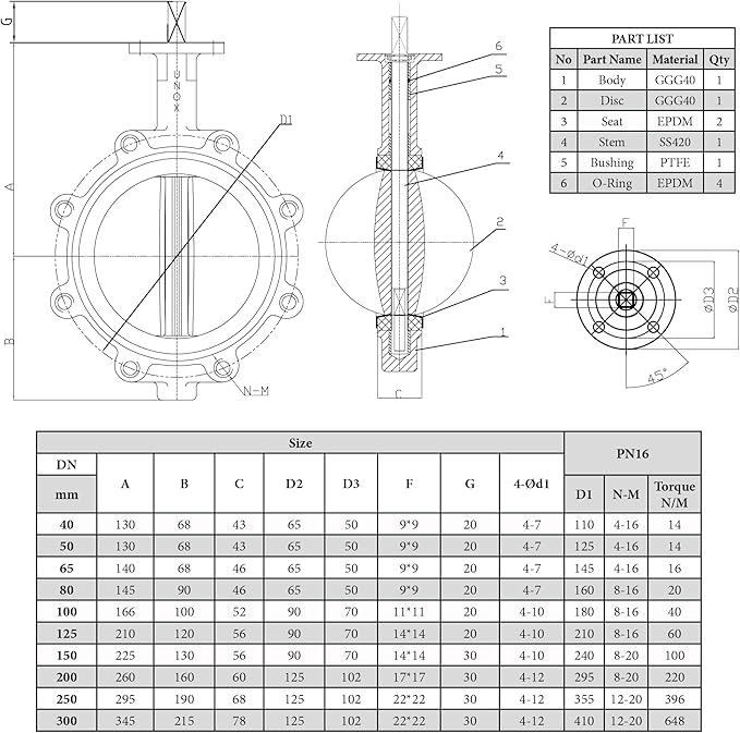 UNOX Lug Type Butterfly Valve DN250 (10"), Iron Disc with Cast Iron Body, EPDM Gasket, PN16 Working Pressure for Industrial Flow Control - Lug Type Valve for Liquids and Gases