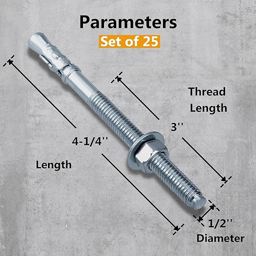 Party Animals 1/2 x 4-1/4 Inch Wedge Anchor, 25 PCs Zinc-Plated Industrial Anchor Bolts for Cement, Concrete