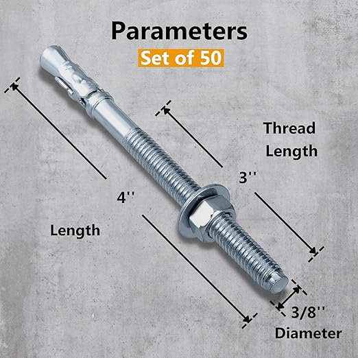 Party Animals 3/8 x 4 Inch Wedge Anchor, 50 PCs Zinc-Plated Industrial Anchor Bolts for Cement, Concrete