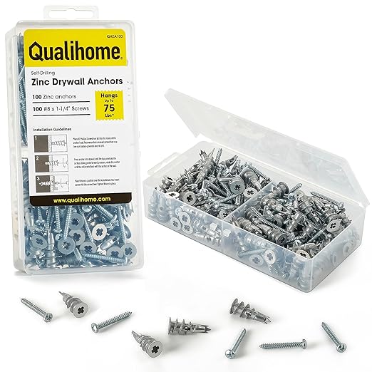 Qualihome Zinc Self Drilling Drywall Anchor Hollow Wall Anchor Kit With Screws - Metal Self Drilling Drywall Anchors With Wide Screw Fins - #8 Zinc Drywall Anchors Heavy Duty (100 Pack)
