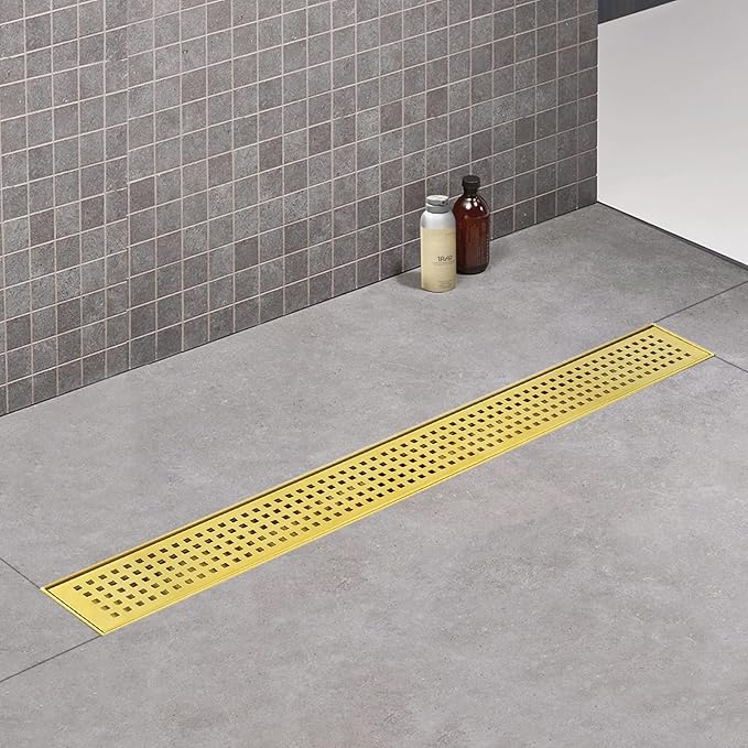 Linear Shower Drain, 60 inch Gold Drain with Removable Grate Cover, Brushed 304 Stainless Steel Shower Floor Drain, Linear Drain with Hair Strainer and Adjustable Feet