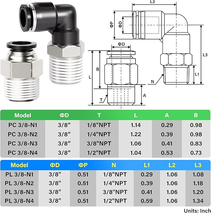 TAILONZ PNEUMATIC Elbow and Straight Combination 3/8 Inch Tube OD x 3/8 Inch NPT Thread Push to Connect Fittings PC-3/8-N3+PL-3/8-N3(Pack of 4)