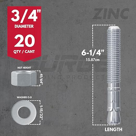 3/4" x 6-1/4" Zinc-Plated Wedge Anchors for Concrete and Cement | Heavy-Duty 3/4 Concrete Anchors (Box of 20)