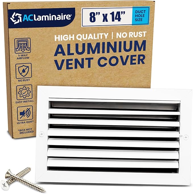 8x14 Inch (Duct Opening) Aluminum 1-Way Air Flow Vent – HVAC Vent Cover for Wall or Ceiling – Quiet HVAC Wall Register with Multi-Shutter Damper – Adjustable Curved Blade - Plastic Seal for Tight Fit
