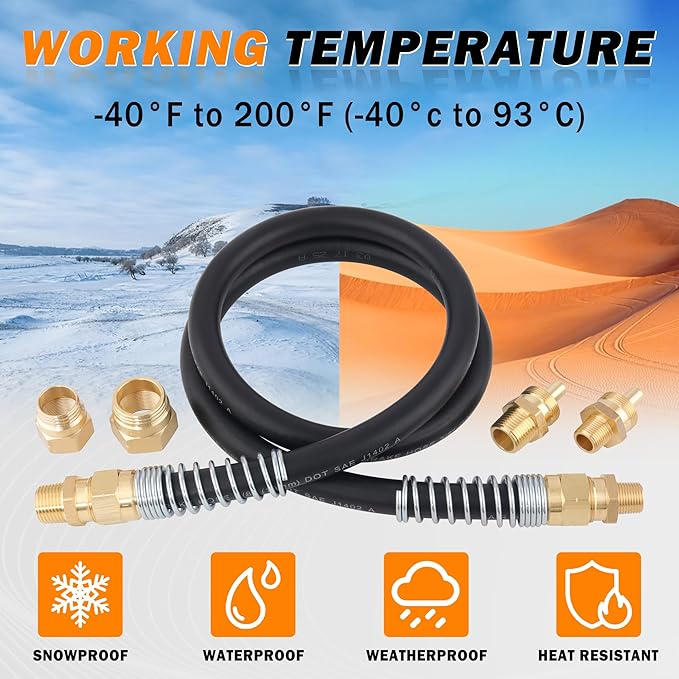 30PCS 3/8” & 1/2” DOT Air Hose Male Connector Fittings and Sleeve Tubes with Spring Guards, 50 Inch 1/4" & 3/8" Rubber Air Hose for Air Brake Systems or Trucks Trailers