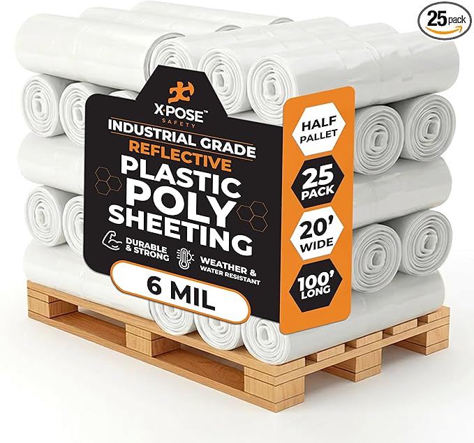 Xpose Safety Clear Plastic Sheeting (Bulk Half Pallet 25 Pack) – 20' x 100' Rolls – Heavy Duty 6 Mil Poly Sheet – Waterproof, Dustproof, Vapor Barrier – for Construction, Painting, Industrial Use