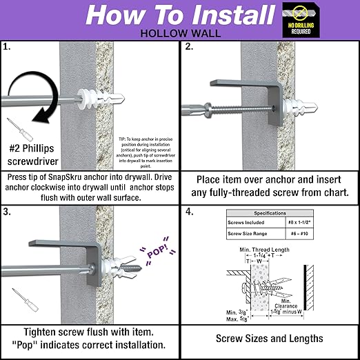 TOGGLER 57125 Self Drilling Snapskru Drywall Anchors with Screw 50-Pieces Pack