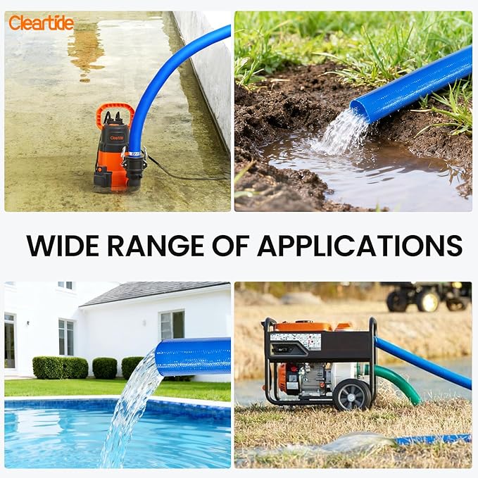 Cleartide Pool Backwash Drain Hose with Camlock Fittings, 1-1/2" x 25ft Heavy Duty Reinforced Blue PVC Lay Flat Discharge Hose for Pump, Pool Drainage, Includes 150F Adapter & Stainless Steel Clamp