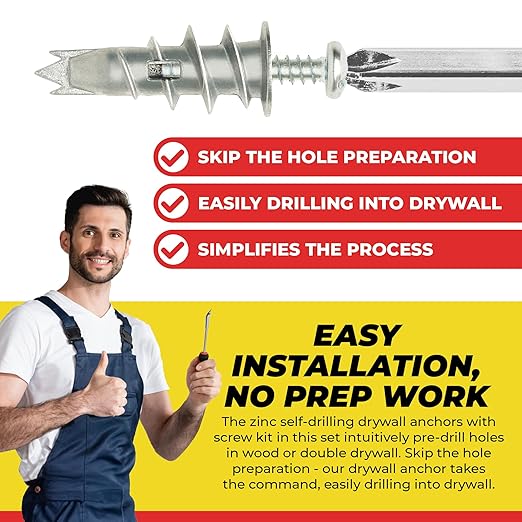 Qualihome Zinc Self Drilling Drywall Anchor Hollow Wall Anchor Kit With Screws - Metal Self Drilling Drywall Anchors With Wide Screw Fins - #8 Zinc Drywall Anchors Heavy Duty (100 Pack)