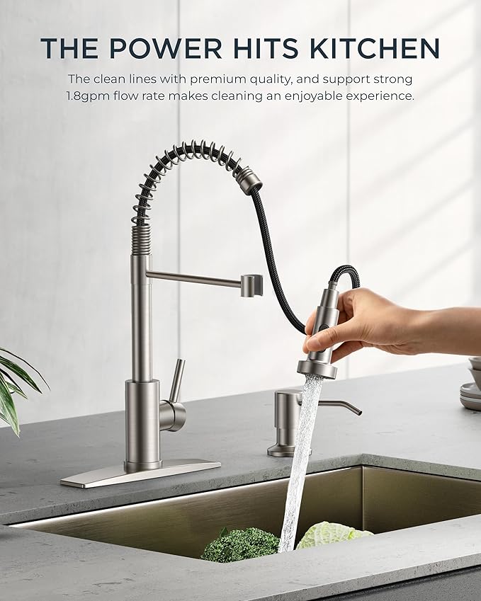 FORIOUS Kitchen Faucets, Brushed Nickel Kitchen Sink Faucet with Pull Down Sprayer, Commercial Kitchen Faucet Stainless Steel, Classic Single Handle Pull Out Sink Faucets for RV Laundry Utility Room