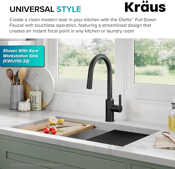 KRAUS Oletto Touchless Sensor Pull-Down Single Handle Kitchen Faucet in Matte Black, KSF-2830MB