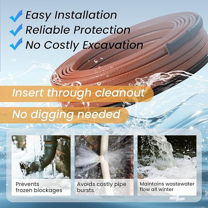 50 FT Inside Drain Pipe Heating Cable for Sewer and Waste Pipe, Self-Regulating In Pipe Heater Cable with GFCI, Submersible Heat Trace for Sewage Sump Septic Systems, CSA 5 W/FT 120 V