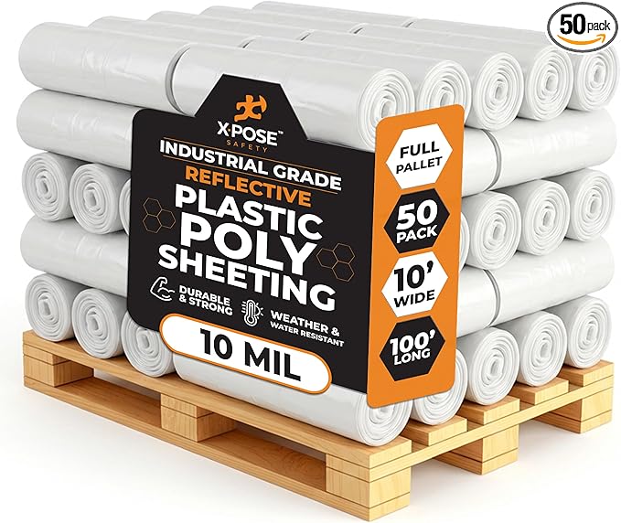 Xpose Safety Clear Plastic Sheeting (Bulk Full Pallet 50 Pack) – 10' x 100' Rolls – Heavy Duty 10 Mil Poly Sheet – Waterproof, Dustproof, Vapor Barrier – for Construction, Painting, Industrial Use