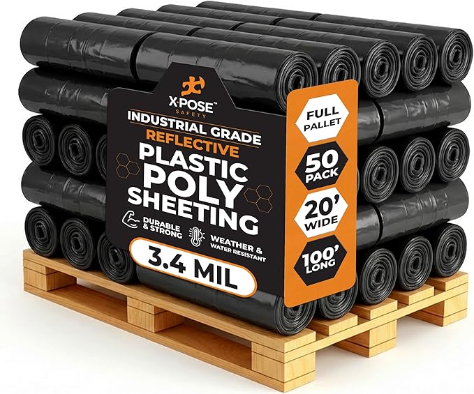 Xpose Safety Black Plastic Sheeting (Bulk Full Pallet 50 Pack) – 20' x 100' Rolls – Heavy Duty 3.4 Mil Poly Sheet – Waterproof, Dustproof, Vapor Barrier – for Construction, Painting, Industrial Use
