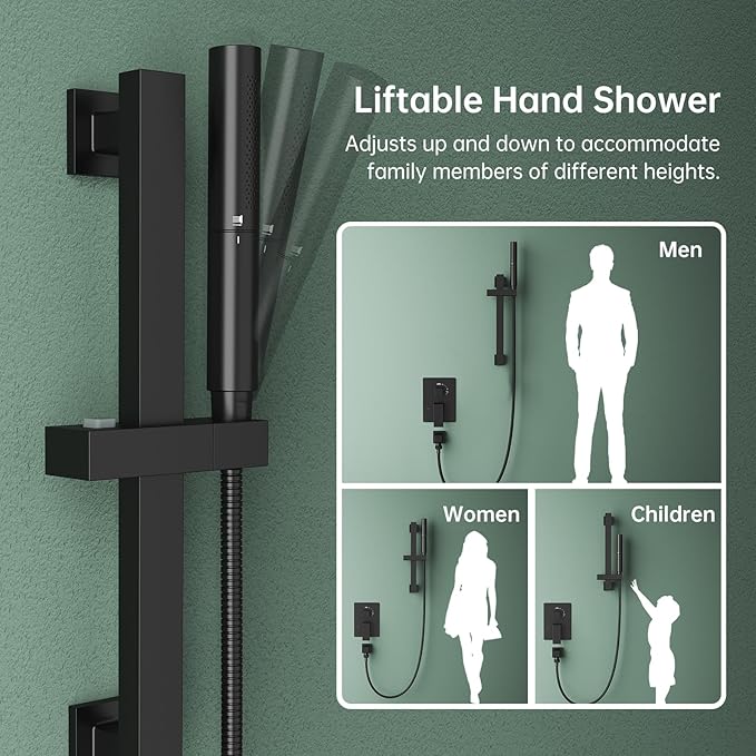 Hoimpro 12 Inch Matte Black Shower System with Adjustable Slide Bar, Square Rain Shower Head and Wand Wall Mounted, Rainfall Shower Faucet Fixture Combo Set, 2 in 1 Handheld Showerhead for Bathroom
