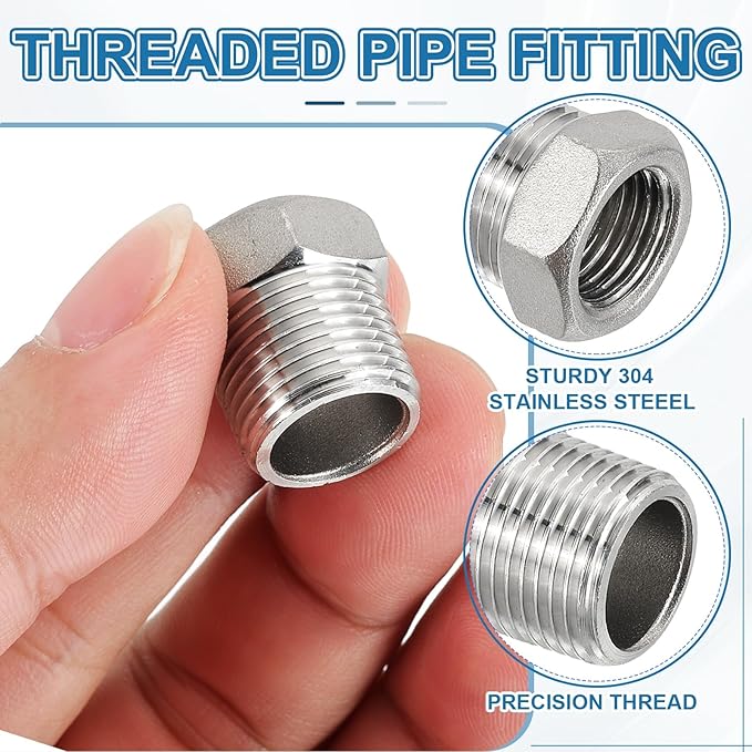 PATIKIL 304 Stainless Steel Reducer Hex Bushing 2Pcs, 3/8" BSPT Male to 1/4" BSPT Female Pipe Reducing Adapter Fitting Connector for Water Gas Hydraulic Pipes Shower Hose, Silver
