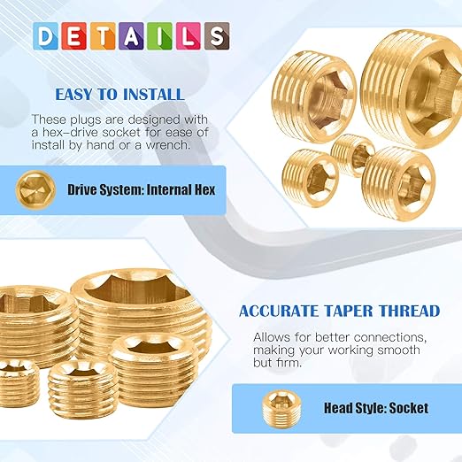Glarks 6Pcs Brass 1/4'' NPT Male Pipe Plug Fitting Set Internal Hex Thread Socket Pipe Plug Assortment Kit