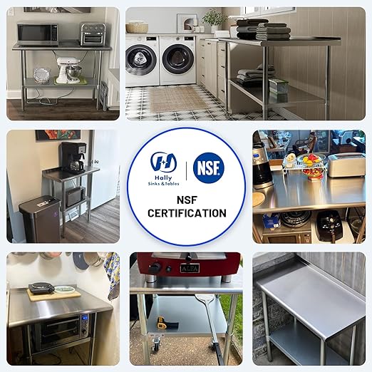 Hally Stainless Steel Table for Prep & Work 14 x 60 Inches, NSF Commercial Heavy Duty Table with Undershelf and Backsplash for Restaurant, Home and Hotel