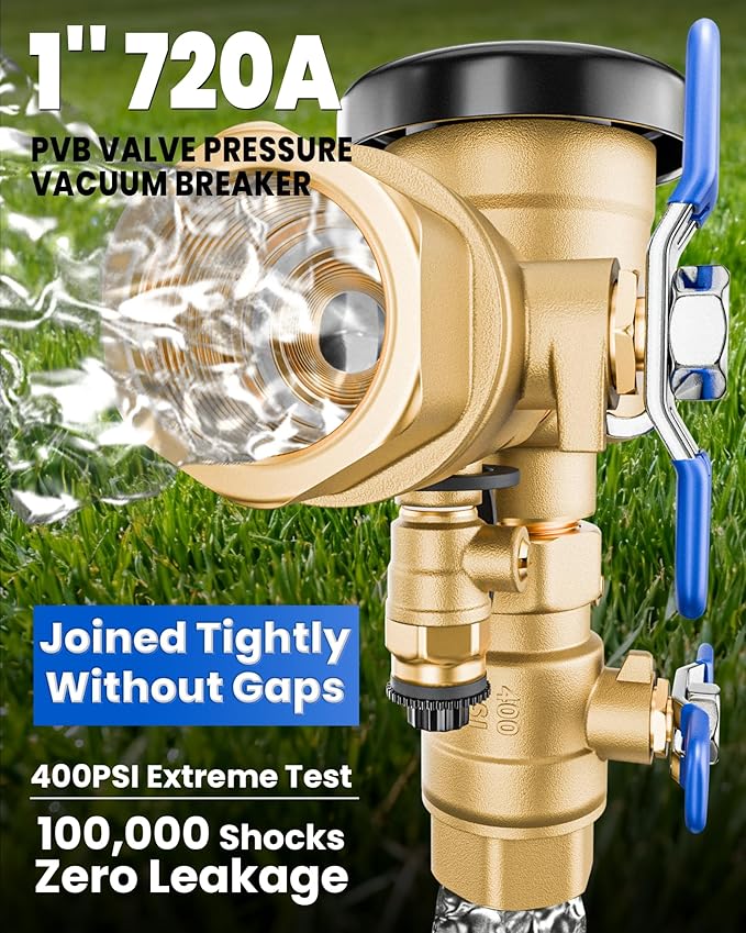 New Upgraded 1" 720A Pressure Vacuum Breaker Assembly, Thickened Brass Backflow Preventer Valve, Max 400 PSI, Back Siphon Valves for Irrigation System (1 Inch)