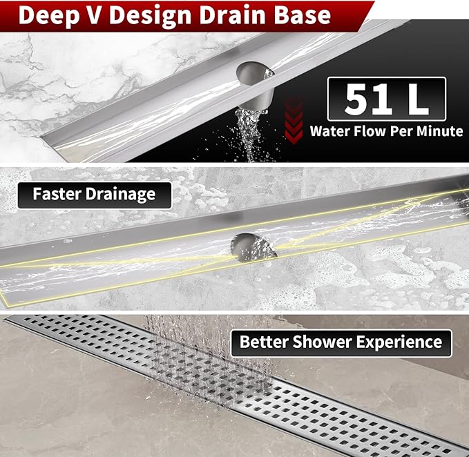 Sharp-tec 32 inch Linear Shower Drain, Brushed Rectangular Floor Drain, V-Shape Design Drain Channel, 304 Stainless Steel, cUPC Certificated for Bathroom Shower Room (Drain Base is Not Included)