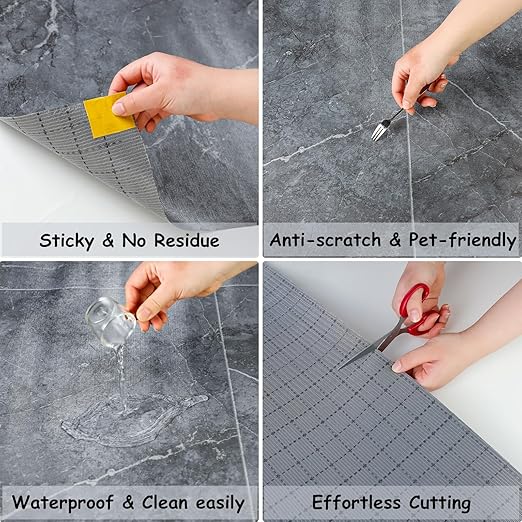 Freshtour Vinyl Flooring Roll, Versatile Removable PET Leather-Like Floor Covering, Waterproof & Durable, Easy Tape Installation, Cost-Effective for Any Room, Grey Marble/ 107.6 Sq.ft (39.3" x 393.7")