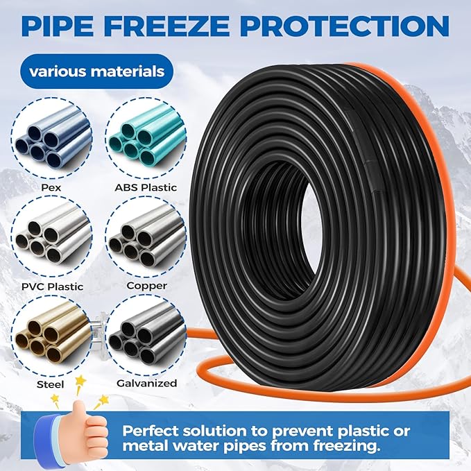 90FT（3FT-200FT） Pipe Heating Cable for Pipe Freeze Protection, Heat Cable for Water Pipes(Metal and Plastic), Pipe Heat Tape Keeps Water Flowing at -40°F 5w/ft, 120V Plumbing fixture