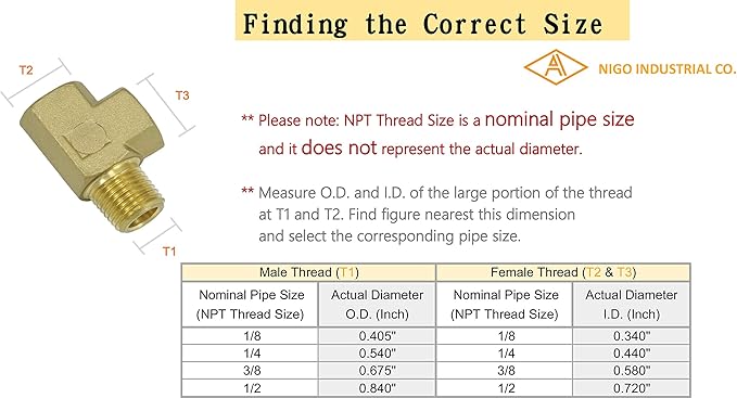 Nigo Brass Pipe Fitting: Forged Brass Tee, 3-Way NPT Female & Male (1/8" x 1/8" x 1/8")