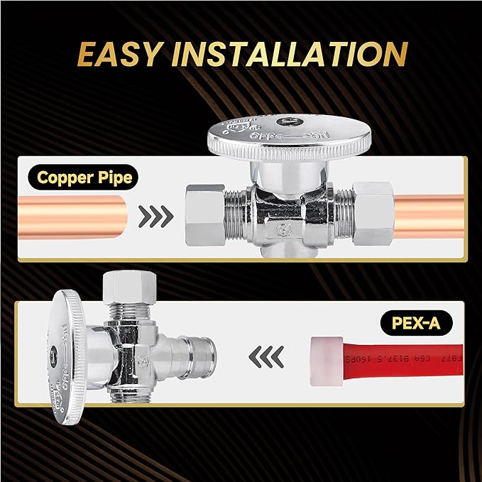 2-Pack Foskan Dual Outlet Angle Stop Valve,1/4 Turn Shut off Valve,1/2" PEX-A x 3/8" OD x 3/8" OD,Chrome Plated Brass