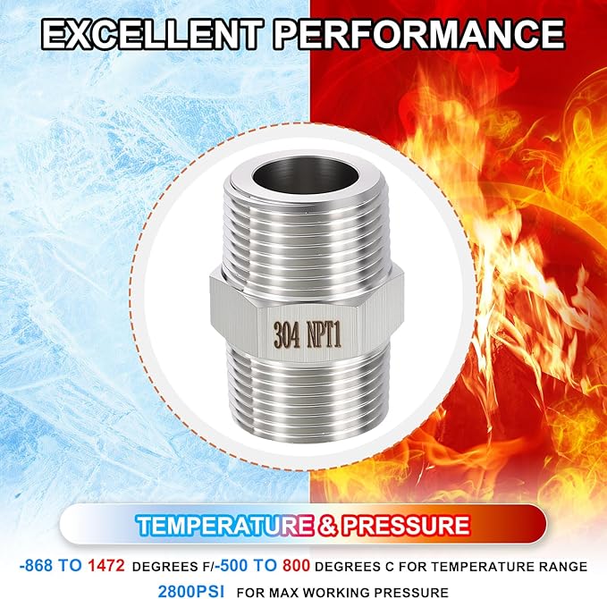 1 Pack 304 Stainless Steel Male to Male Adapter, 1" MNPT x 1" MNPT Hex Nipple Pipe Extension Fitting for Industrial, Automotive, Fluid Transfer, Home Gardening, Water