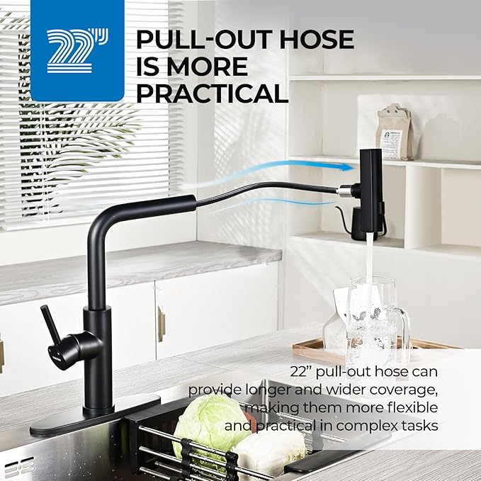 WEWE Waterfall Kitchen Faucet with Pull Down Sprayer, Black Kitchen Faucet with 3 Modes(Sweep/Stream/Waterfall) Swivel Switch Mode,Single Handle Kitchen Sink Faucet