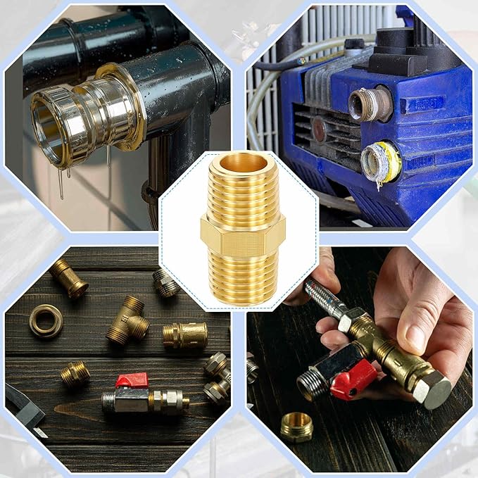12 Pack Brass Pipe Fittings, 1/4" NPT Male to 1/4" NPT Male Brass Hex Nipple, Male Pipe Adapter Reducer for Air, Oil, LP
