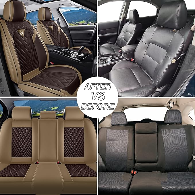 Car Seat Covers for Jaguar E-PACE 2018-2024,Breathable Nappa Leather Car Seat Protector,Front Seat Covers Automotive Seat Cushion with Airbag Compatible(Front Seats,Beige-Brown)