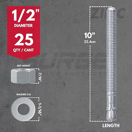 Surge BP - 1/2" X 10" Zinc-Plated Wedge Anchors for Concrete and Cement | Heavy-Duty Expansion Anchor (Box of 25)