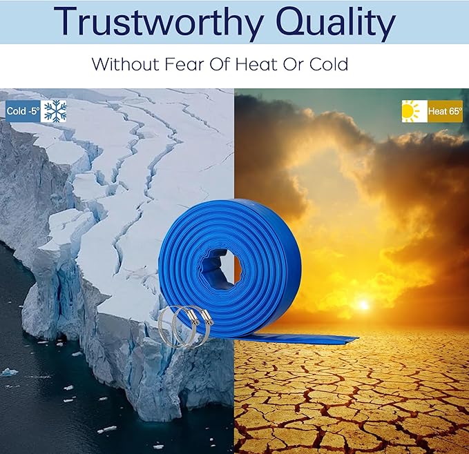 2" x 50FT Pool Backwash Hose, Heavy-Duty Pool Hose, Lay Flat Discharge Hose, Durable Burst Resistant, Pool Filter Pump Water Drainage, Sump Pump Discharge, with 2 Clamps