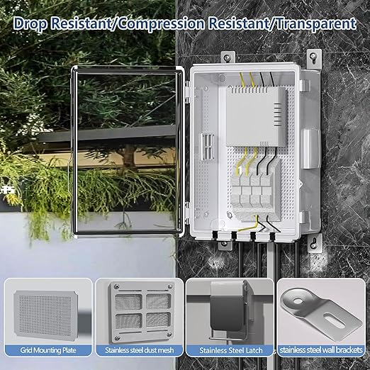 ABS Electrical Junction Box, Ventilated Design, Cable Grommets, IP65 Waterproof Enclosure, Indoor/Outdoor Use with Mounting Panel. (Clear Cover, 15.5"x11.5"x6.2")